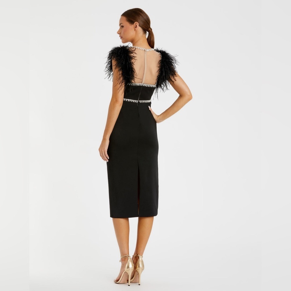 Mac Duggal Black Feather Cap Sleeve Pearl Embellished Midi Formal Dress | 2 - Picture 5 of 13